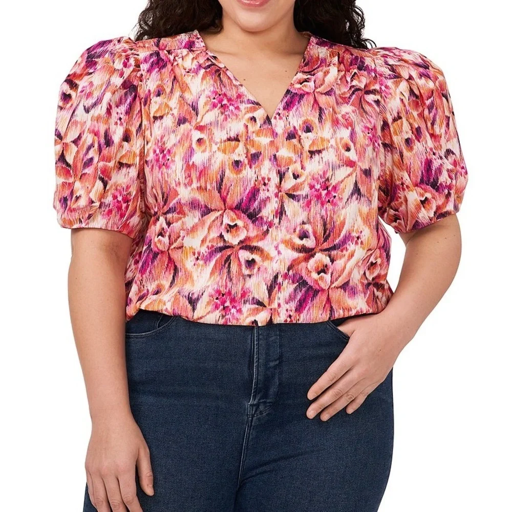 New CeCe Plus V-Neck Puffed Sleeve Blouse - Picture 2 of 8